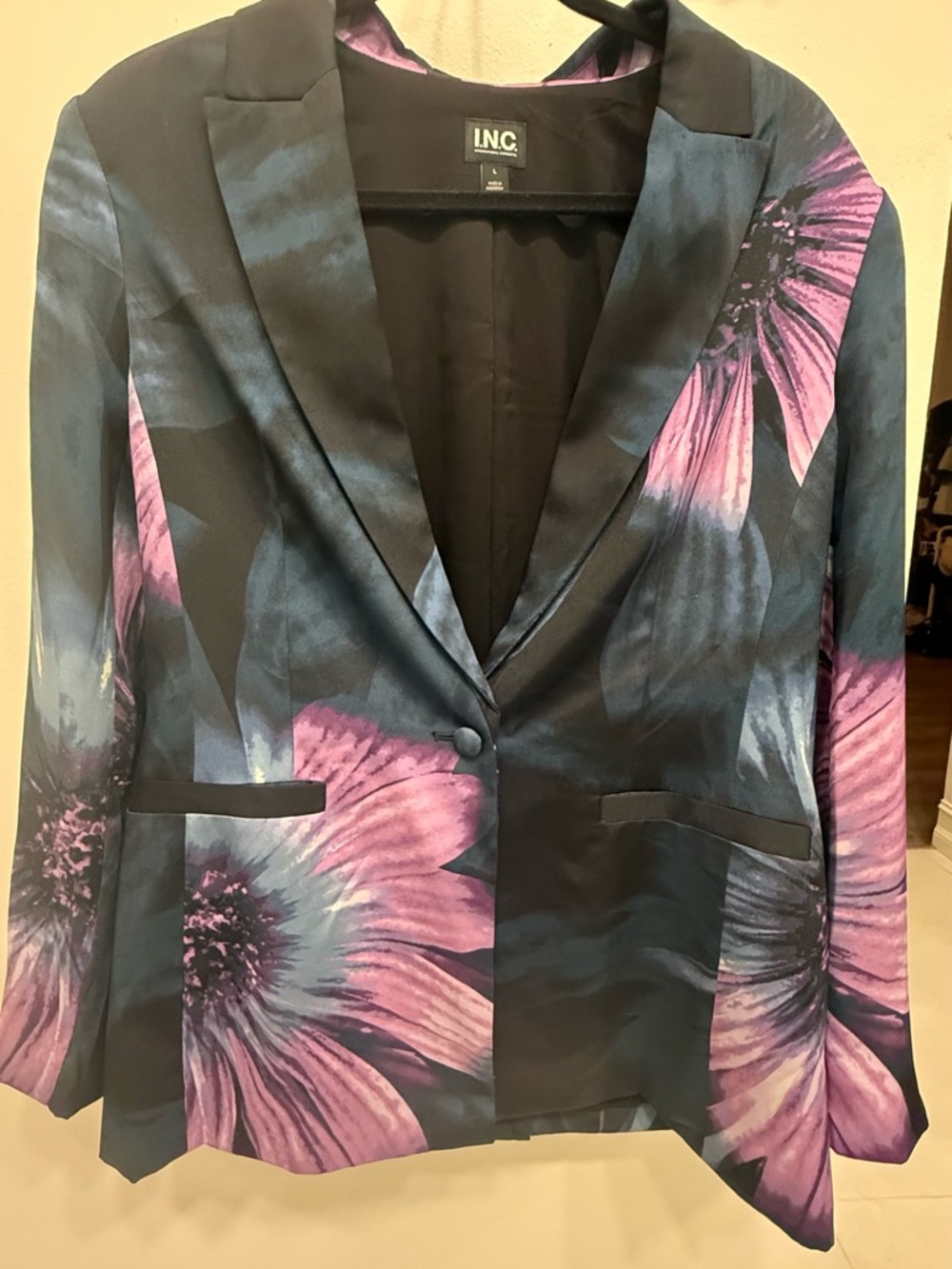 INC International Concepts Black Satin Blazer with Purple Floral Print